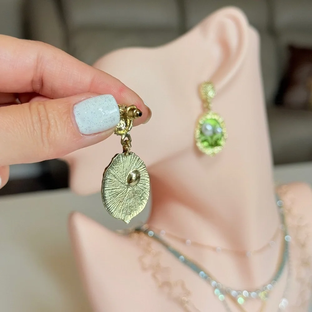Gold-Tone Green Floral Pearl Drop Earrings